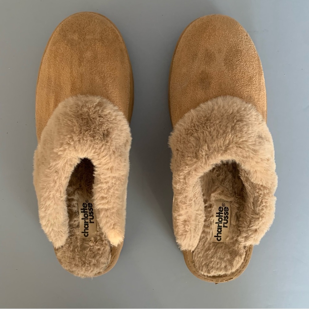 Charlotte Russe Brown Fur Suede Slippers Mules 10 Y2K Plush Chunky Snow Bunny